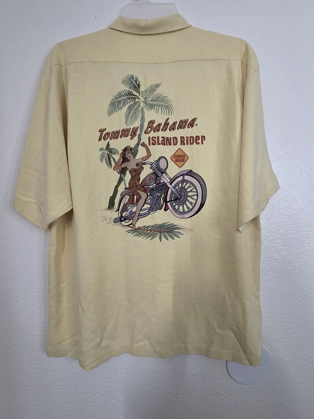 Tommy Bahama Hawaiian Shirt XL Yellow Island Rider Motorcycle Emboridered Stains
